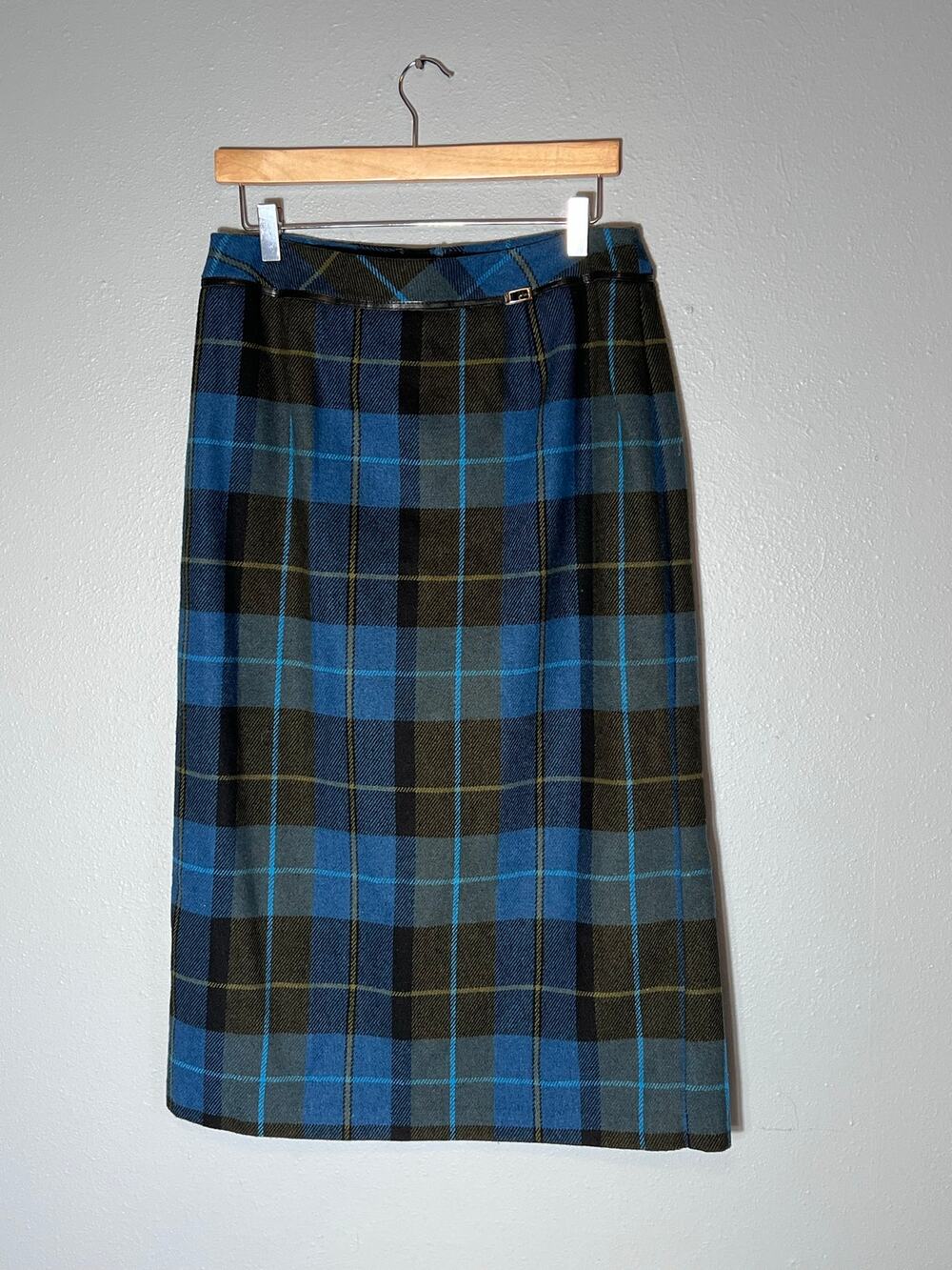 Vintage Wool Blend Plaid Maxi Long Skirt 12 Petite 12P Blue Preppy Academia Twee